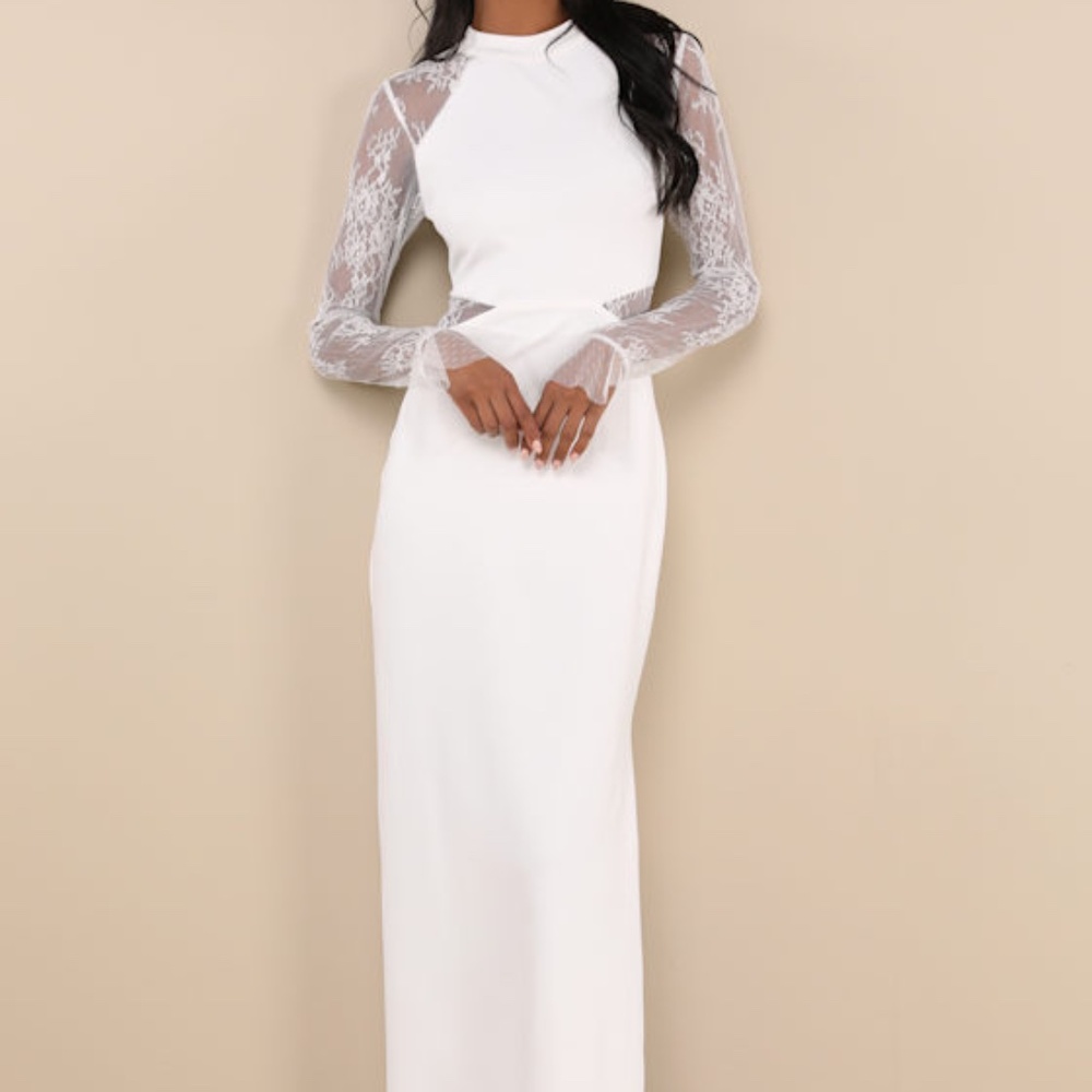 Lulus Bragging Rights White Lace Long Sleeve Column Maxi Dress - Size XS